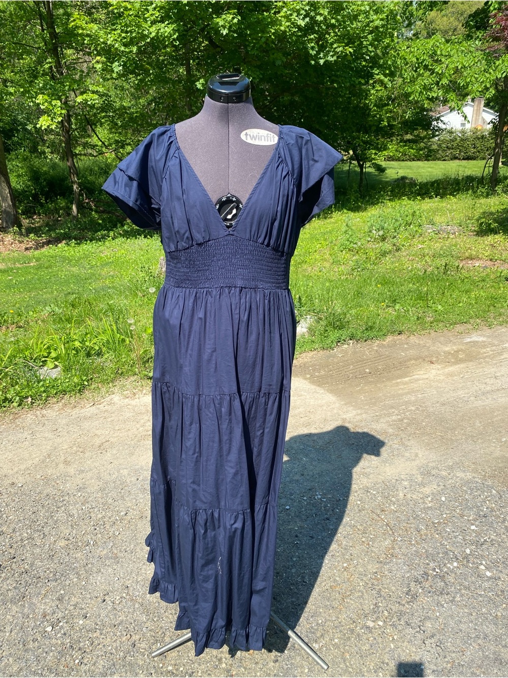 Vici Navy Deep-V Smocked Waist Maxi Dress